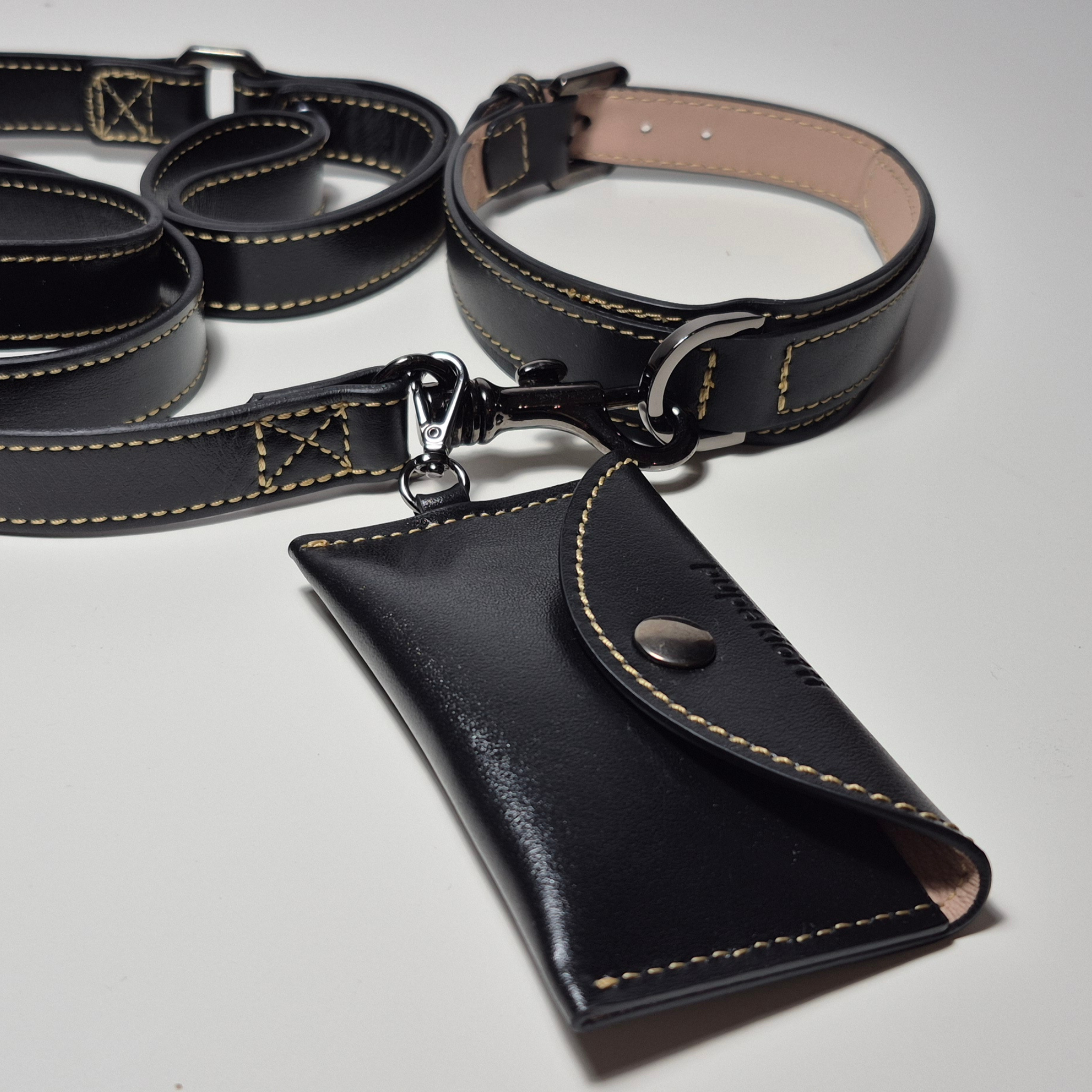 Set Collare e Guinzaglio in Pelle con Porta Sacchetti